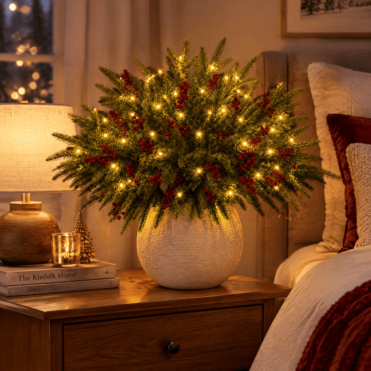 Lighted Red Berry Pine Centerpiece - DIY Christmas Tabletop Decor With LED Light String - image 4