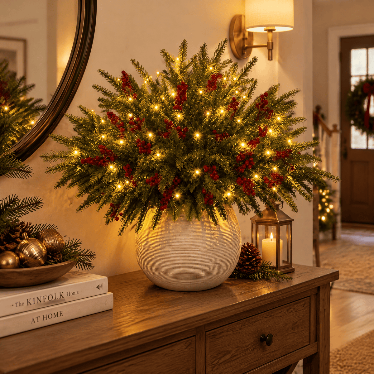 Lighted Red Berry Pine Centerpiece - DIY Christmas Tabletop Decor With LED Light String - 2 Pack - image 0