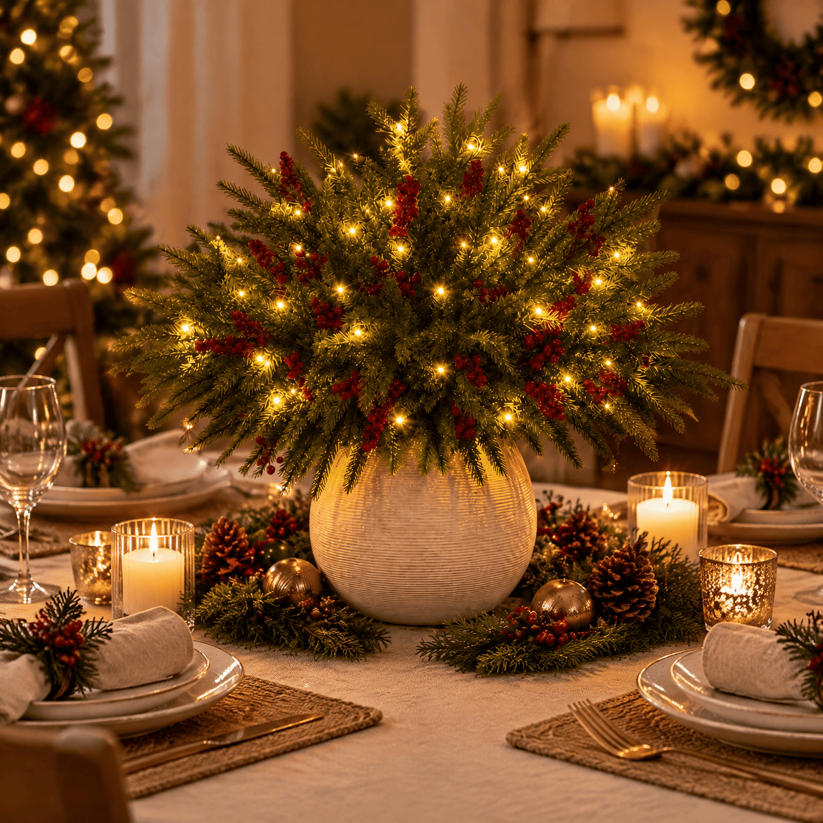 Lighted Red Berry Pine Centerpiece - DIY Christmas Tabletop Decor With LED Light String - image 5