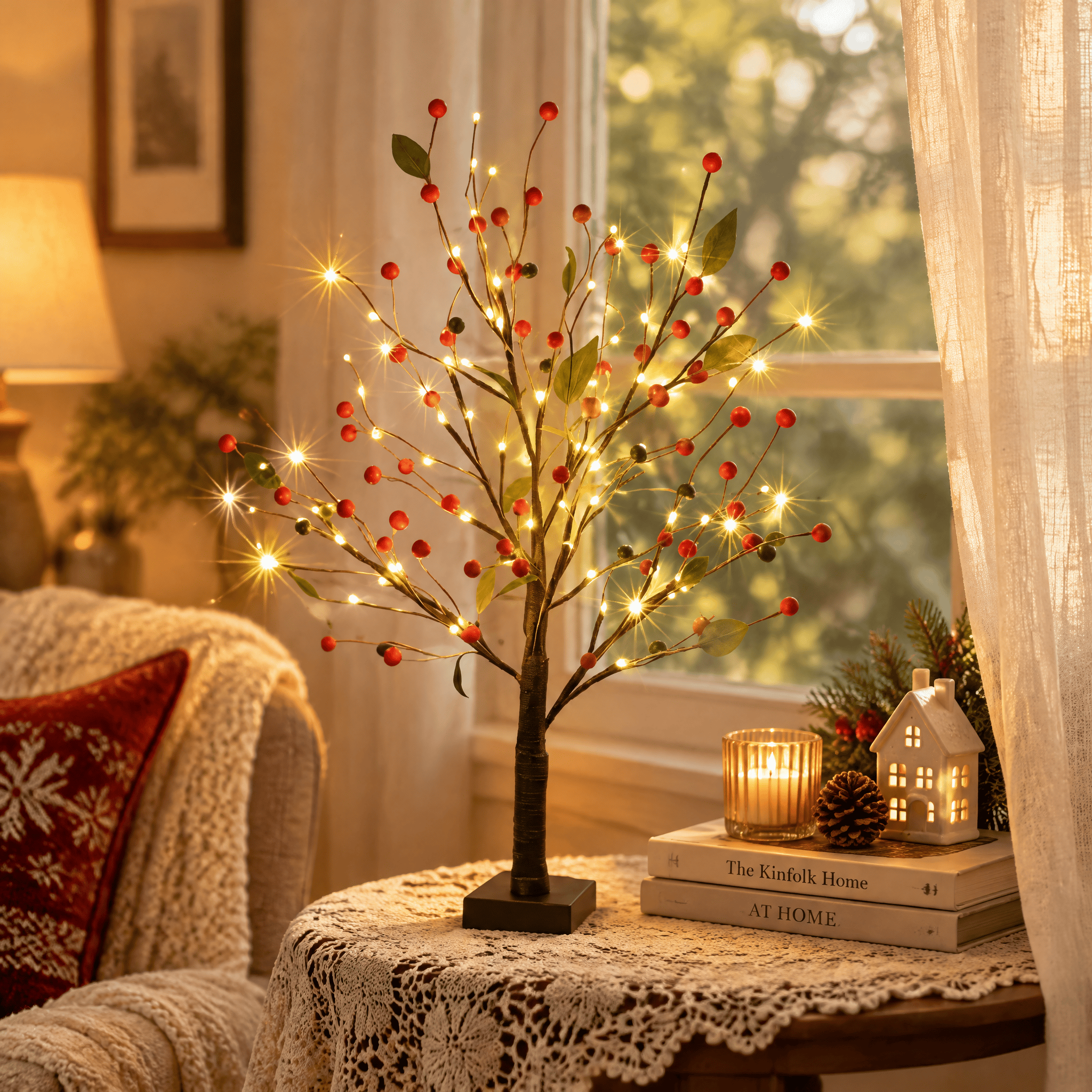 Glowing Red Berry Tree Lamp - Christmas Berry Twig Tree Light Decor - Tree - image 0