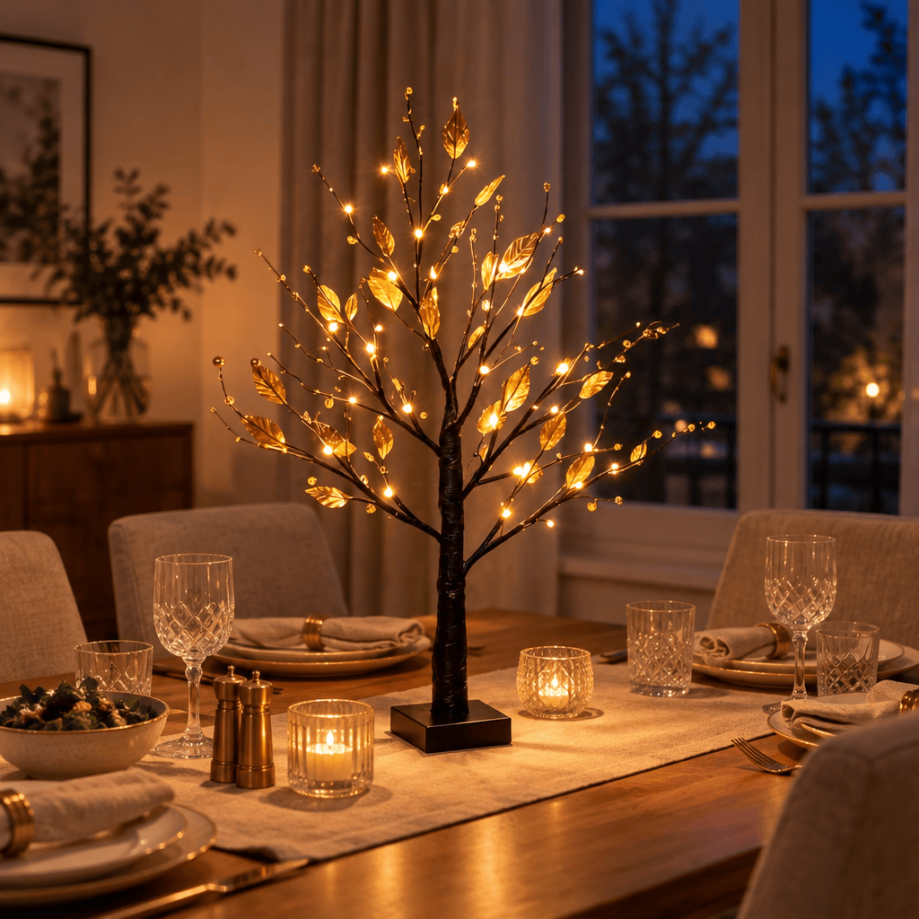 Gold Berries & Leaves Tree Lamp - Modern Sculptural Table Light Decor - image 1